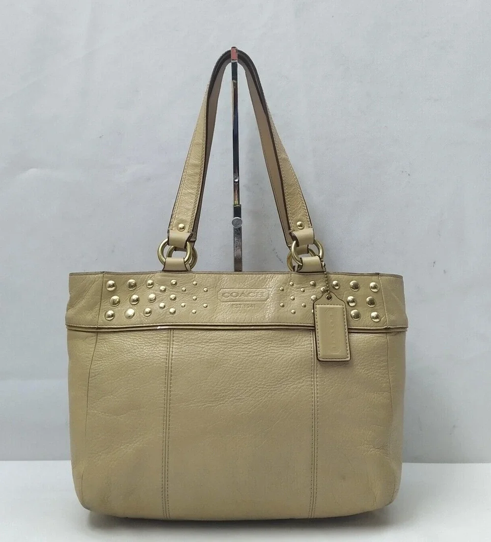Coach Tan Leather Studded Double Handle Zipper Closure Tote Shoulder Bag